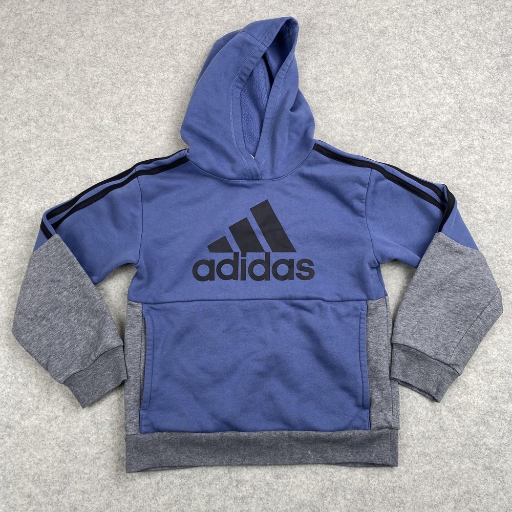 Adidas Hoodie Boys Small Blue Gray Pullover Fleece Logo 3 Stripe Sweatshirt